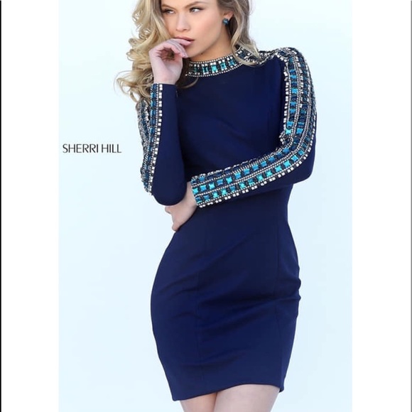 Sherri Hill Dresses & Skirts - Sherri Hill Navy Long-Sleeve Beaded Bodycon Dress